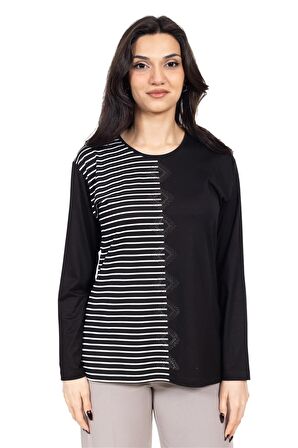 Yeni Sezon Kadın Orta Yaş ve Üzeri Viskoz Çizgili Yüksek Kalite Anne Penye Bluz 24353