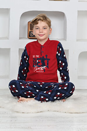 Yeni Sezon Sonbahar/Kış Erkek Çocuk Best Desenli Yaka Düğmeli Polar Pijama Takımı 4533