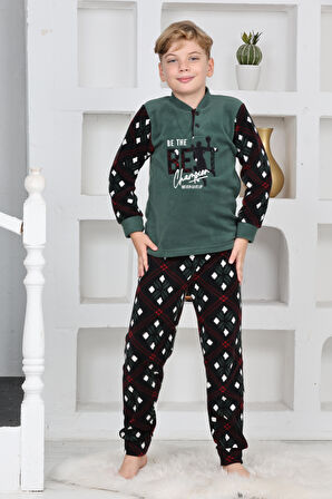 Yeni Sezon Sonbahar/Kış Erkek Çocuk Best Desenli Yaka Düğmeli Polar Pijama Takımı 4533