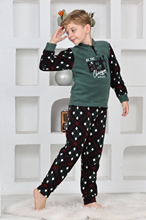 Yeni Sezon Sonbahar/Kış Erkek Çocuk Best Desenli Yaka Düğmeli Polar Pijama Takımı 4533