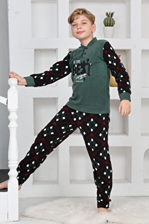 Yeni Sezon Sonbahar/Kış Erkek Çocuk Best Desenli Yaka Düğmeli Polar Pijama Takımı 4533
