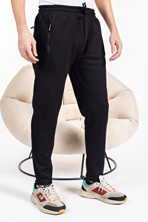 Double Face Kumaş Basic Düz Model Rahat Kalıp Pantolon Kesim Trend Erkek Eşofman Altı-2990-Siyah