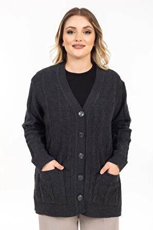 Kadın Orta Yaş ve Üzeri Yumuşak Doku V Yaka Düğmeli Anne Triko Hırka 2426-Füme