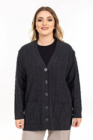 Kadın Orta Yaş ve Üzeri Yumuşak Doku V Yaka Düğmeli Anne Triko Hırka 2426-Füme