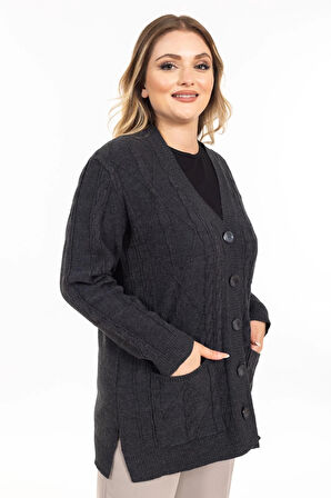 Kadın Orta Yaş ve Üzeri Yumuşak Doku V Yaka Düğmeli Anne Triko Hırka 2426-Füme