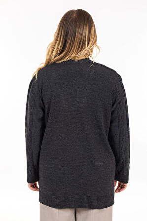 Kadın Orta Yaş ve Üzeri Yumuşak Doku V Yaka Düğmeli Anne Triko Hırka 2426-Füme