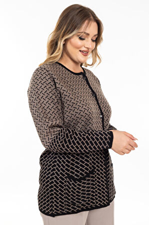 Yeni Sezon Kadın Triko Örgü Sıkı Dokuma Düğmeli Desenli Anne Kışlık Hırka 2435-Vizon