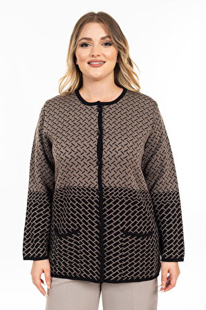 Yeni Sezon Kadın Triko Örgü Sıkı Dokuma Düğmeli Desenli Anne Kışlık Hırka 2435-Vizon