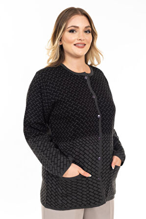 Yeni Sezon Kadın Triko Örgü Sıkı Dokuma Düğmeli Desenli Anne Kışlık Hırka 2435-Siyah