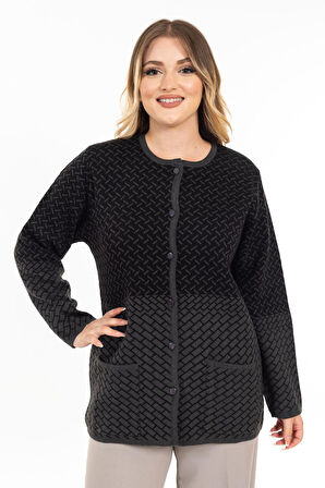 Yeni Sezon Kadın Triko Örgü Sıkı Dokuma Düğmeli Desenli Anne Kışlık Hırka 2435-Siyah