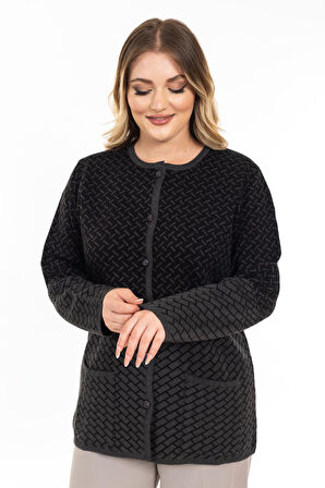 Yeni Sezon Kadın Triko Örgü Sıkı Dokuma Düğmeli Desenli Anne Kışlık Hırka 2435-Siyah