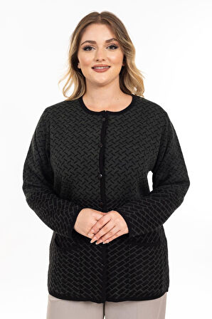 Yeni Sezon Kadın Triko Örgü Sıkı Dokuma Düğmeli Desenli Anne Kışlık Hırka 2435-Haki Yeşili