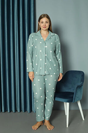 Yeni Model Düğmeli Büyük Beden Süet Kadın Pijama Takımı 13686-Mint Yeşili