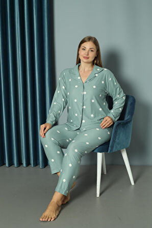 Yeni Model Düğmeli Büyük Beden Süet Kadın Pijama Takımı 13686-Mint Yeşili