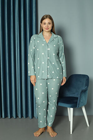 Yeni Model Düğmeli Büyük Beden Süet Kadın Pijama Takımı 13686-Mint Yeşili