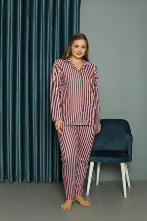 Yeni Model Düğmeli Büyük Beden Süet Kadın Pijama Takımı 13686-Pembe