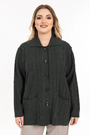 Kadın Orta Yaş ve Üzeri Yumuşak Doku Polo Yaka Düğmeli Anne Triko Hırka 2417-Haki Yeşili