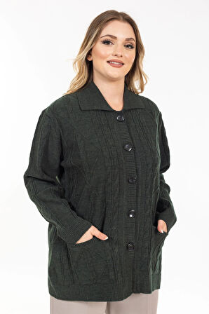 Kadın Orta Yaş ve Üzeri Yumuşak Doku Polo Yaka Düğmeli Anne Triko Hırka 2417-Haki Yeşili