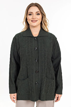 Kadın Orta Yaş ve Üzeri Yumuşak Doku Polo Yaka Düğmeli Anne Triko Hırka 2417-Haki Yeşili