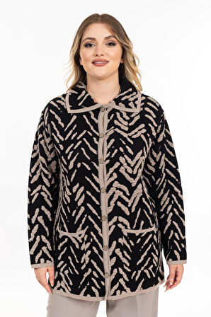 Yeni Sezon Kadın Triko Örgü Sıkı Dokuma Düğmeli Gömlek Yaka Anne Kışlık Hırka 32043-Siyah