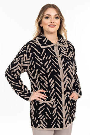 Yeni Sezon Kadın Triko Örgü Sıkı Dokuma Düğmeli Gömlek Yaka Anne Kışlık Hırka 32043-Siyah