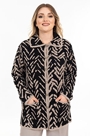 Yeni Sezon Kadın Triko Örgü Sıkı Dokuma Düğmeli Gömlek Yaka Anne Kışlık Hırka 32043-Siyah