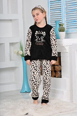 Yeni Sezon Sonbahar/Kış Kız Çocuk Leopar Desenli Polar Pijama Takımı 4103-Siyah