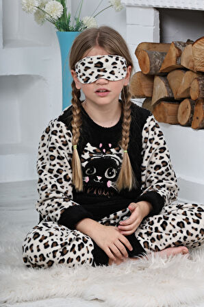 Yeni Sezon Sonbahar/Kış Kız Çocuk Leopar Desenli Polar Pijama Takımı 4103-Siyah