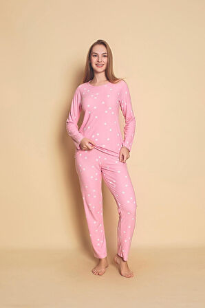 Yuvarlak Yaka Yıldız Desenli Süet Kadın Pijama Takımı 216-Pembe