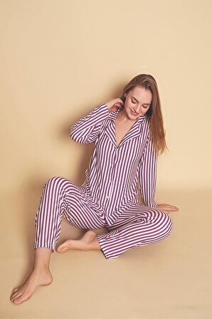 Düğmeli Çizgili Kadın Pijama Takımı 301783-Mor
