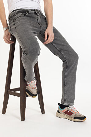 Erkek Denim Regular Fit Rahat Kalp Normal Bel Düz Paça Dört Mevsim Likralı Kot Pantolon 95505-Gri