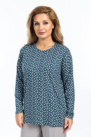 Kadın Yüksek Kalite Yuvarlak Yaka Çiçek Desenli Orta Yaş Anne Penye Bluz 6541