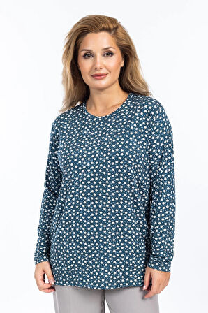 Kadın Yüksek Kalite Yuvarlak Yaka Çiçek Desenli Orta Yaş Anne Penye Bluz 6541