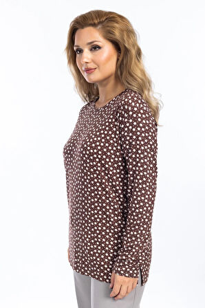 Kadın Yüksek Kalite Yuvarlak Yaka Çiçek Desenli Orta Yaş Anne Penye Bluz 6541