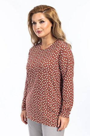 Kadın Yüksek Kalite Yuvarlak Yaka Çiçek Desenli Orta Yaş Anne Penye Bluz 6541