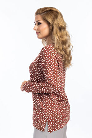 Kadın Yüksek Kalite Yuvarlak Yaka Çiçek Desenli Orta Yaş Anne Penye Bluz 6541