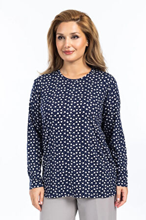 Kadın Yüksek Kalite Yuvarlak Yaka Çiçek Desenli Orta Yaş Anne Penye Bluz 6541