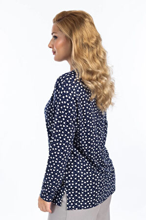 Kadın Yüksek Kalite Yuvarlak Yaka Çiçek Desenli Orta Yaş Anne Penye Bluz 6541