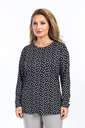 Kadın Yüksek Kalite Yuvarlak Yaka Çiçek Desenli Orta Yaş Anne Penye Bluz 6541