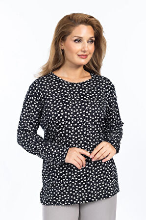 Kadın Yüksek Kalite Yuvarlak Yaka Çiçek Desenli Orta Yaş Anne Penye Bluz 6541