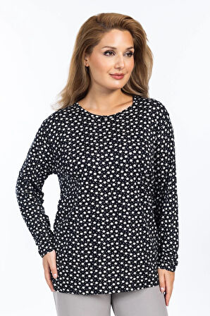 Kadın Yüksek Kalite Yuvarlak Yaka Çiçek Desenli Orta Yaş Anne Penye Bluz 6541