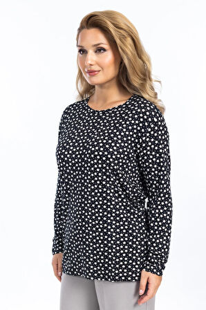 Kadın Yüksek Kalite Yuvarlak Yaka Çiçek Desenli Orta Yaş Anne Penye Bluz 6541