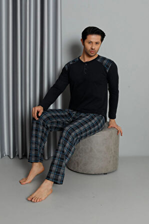 Erkek İnterlok Rahat Kalıp Sıfır Yaka Pamuk Pijama Takımı 6774