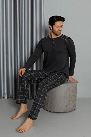Erkek İnterlok Rahat Kalıp Sıfır Yaka Pamuk Pijama Takımı 6774