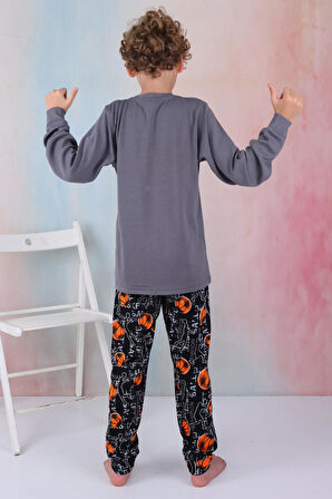 Yeni Sezon Erkek Çocuk Gez Garson Basketball Uzun Kollu Pamuk İnterlok Pijama Takımı 5154-Füme