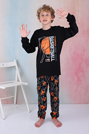 Yeni Sezon Erkek Çocuk Gez Garson Basketball Uzun Kollu Pamuk İnterlok Pijama Takımı 5154-Siyah