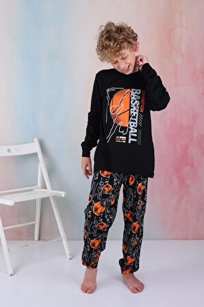 Yeni Sezon Erkek Çocuk Gez Garson Basketball Uzun Kollu Pamuk İnterlok Pijama Takımı 5154-Siyah