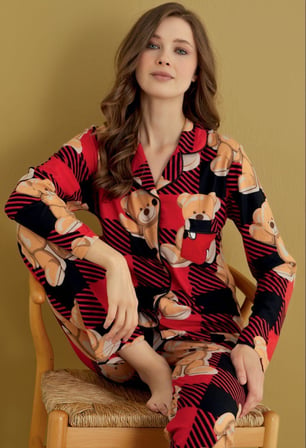 Kadın Soft Kumaş Düğmeli Gömlek Yaka Yüksek Kalite Yılbaşı Pijama Takımı 3026