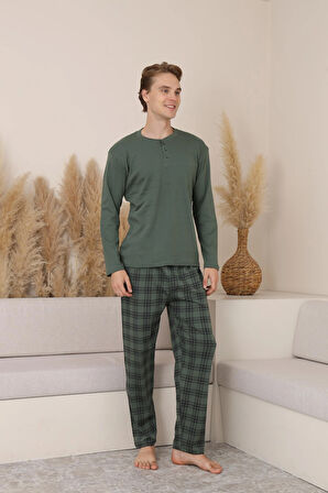 Erkek İnterlok Rahat Kalıp Sıfır Yaka Yüksek Kalite Pamuk Pijama Takımı 16675