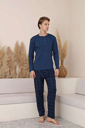 Erkek İnterlok Rahat Kalıp Sıfır Yaka Yüksek Kalite Pamuk Pijama Takımı 16675